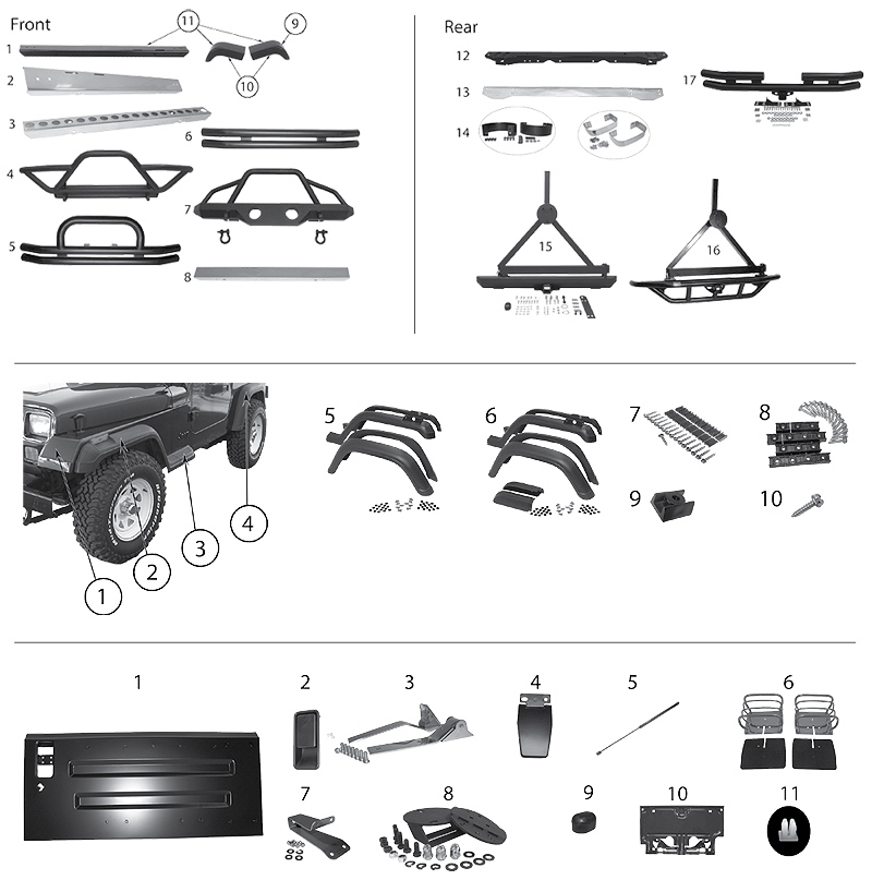 Diagram Bumpers, Fenders, Fender Flares, Tailgate Jeep YJ Wrangler 1987/1995  - MOTO-Z Zankl Autoteile & Service GmbH